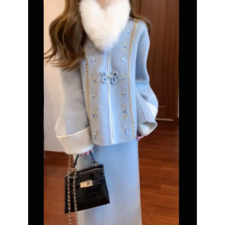 2025冬季新款时尚重工毛呢复古新中式上衣外套搭高腰半身裙套装女