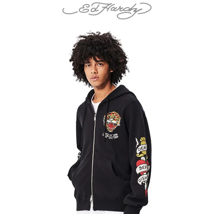 Ed Hardy埃德哈迪秋冬男女款美式复古虎头拉链衫连帽卫衣E1QDM113