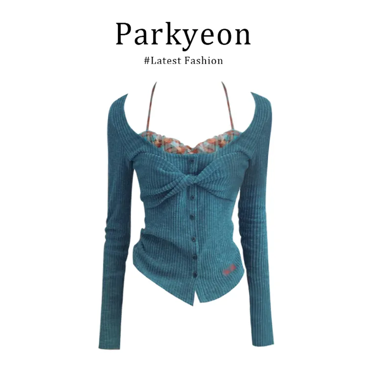 INS CEC撞色假两件扭结挂脖针织女秋季小众独特修身内搭长袖上衣