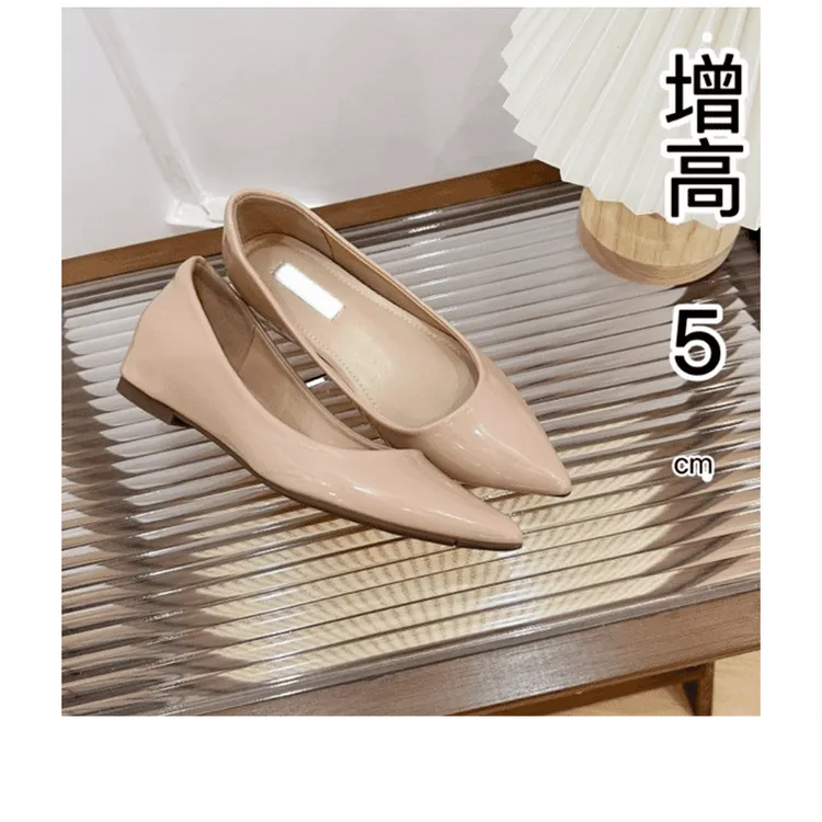 裸色气质时尚内增高5cm单鞋2025春款女尖浅口粗跟工作通勤小个子