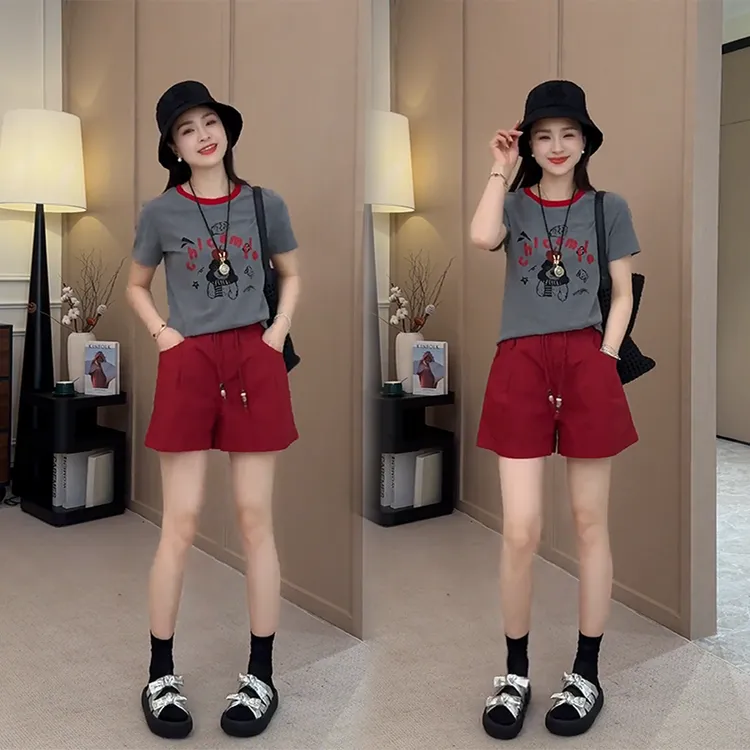 夏季减龄穿搭一整套小个子洋气撞色短袖T恤时尚宽松高腰休闲短裤