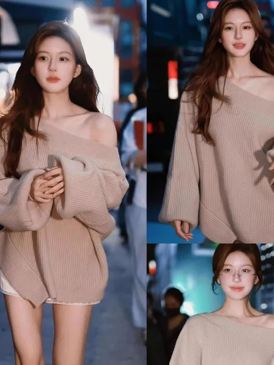 赵露思许研同款一字肩斜肩宽松慵懒设计毛衣长袖不规则针织上衣女