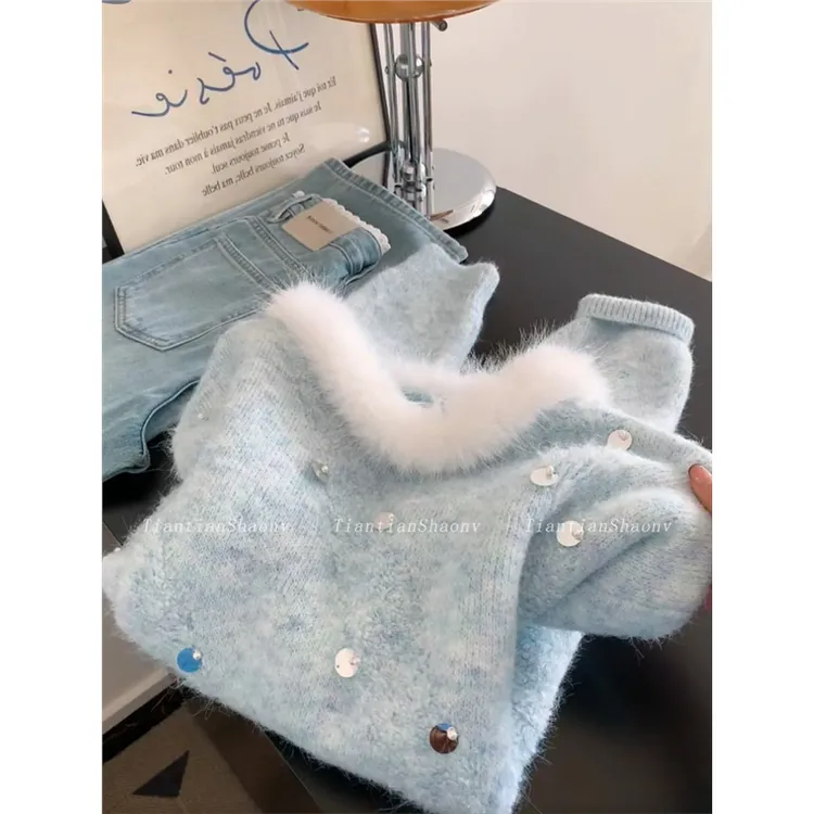 自留款推荐~高级感毛绒绒亮片拼接针织衫女冬季宽松软糯套头毛衣