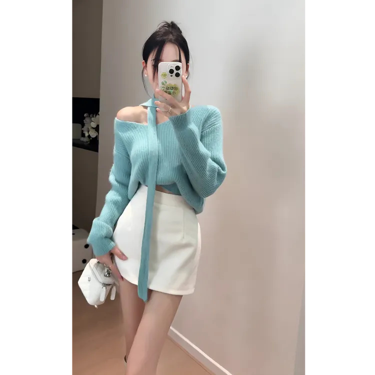 韩系气质V领飘带湖水蓝针织衫上衣白色短裙两件套女2025秋冬新款
