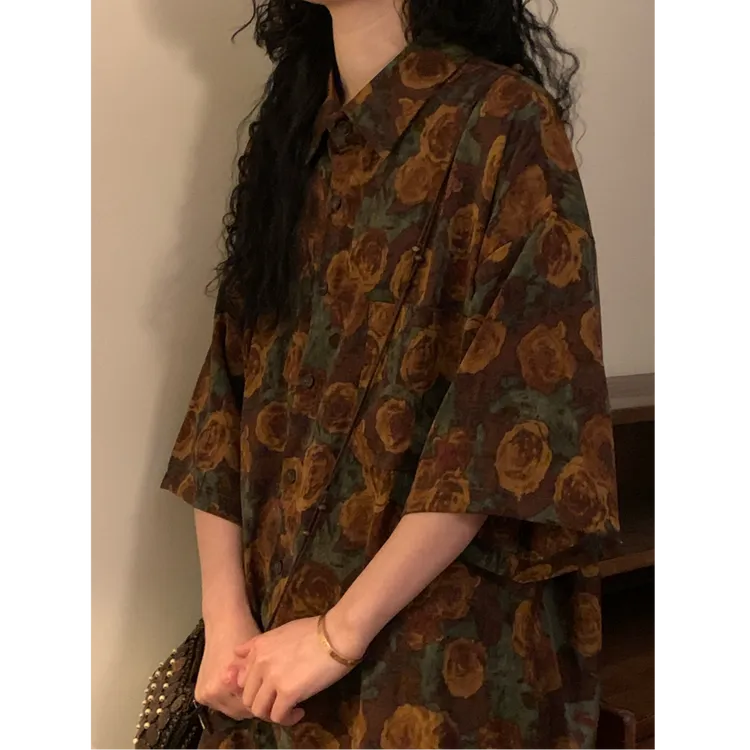 男女2025宽松美式复古vintag港风满印花短袖衬衫上衣休闲百搭衬衣