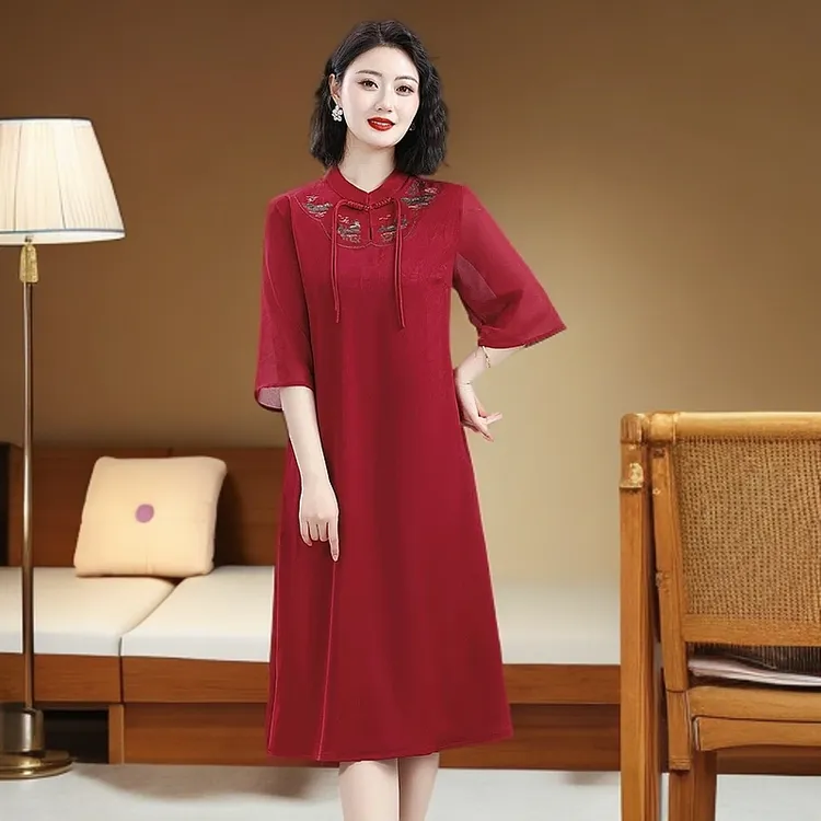 妈妈夏装新中式短袖连衣裙中老年女士大码宽松直筒连衣裙遮肚子