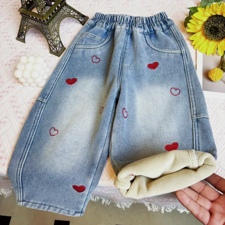 女童加绒加厚牛仔裤女孩韩版弯刀休闲裤冬季新款女宝宝一体绒长裤