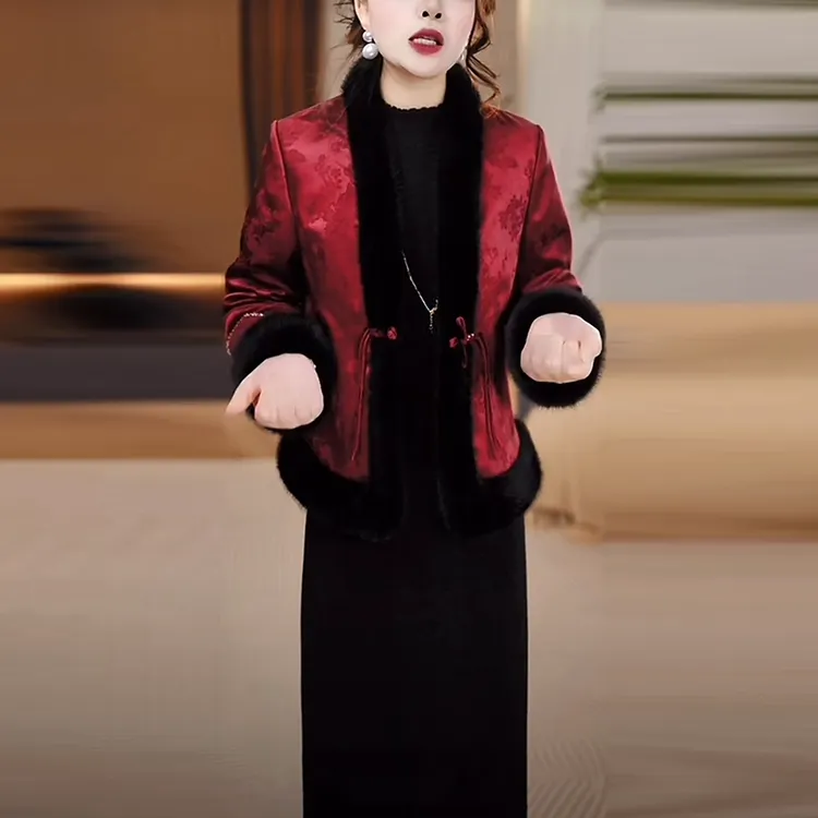 气质轻奢国风裙套装2025冬季新款高贵优雅加绒加厚夹棉外套连衣裙