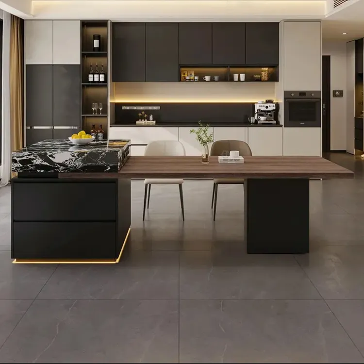 意式极简岩板岛台餐桌一体家用可伸缩中导台轻奢岛台定制水槽