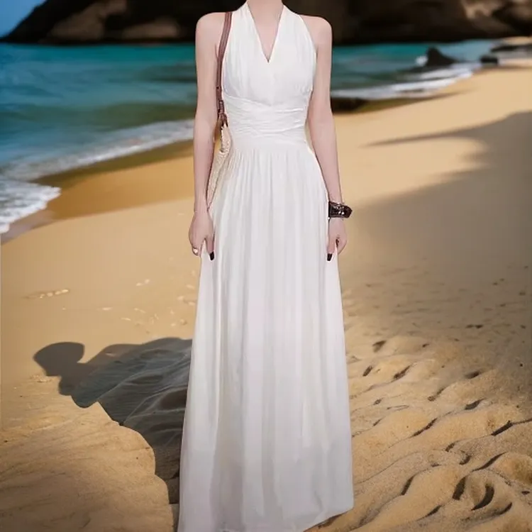 6法式气质黑色无袖挂脖连衣裙显瘦收腰长裙夏季新款白色小众性感