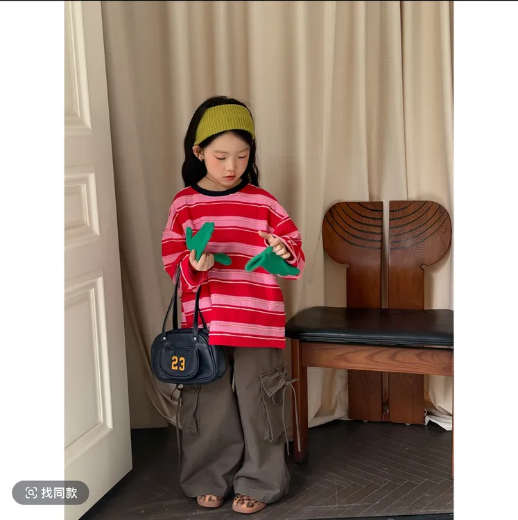 女童秋季2025新款儿童红色条纹长袖韩版髦洋气百搭工装裤两件套潮