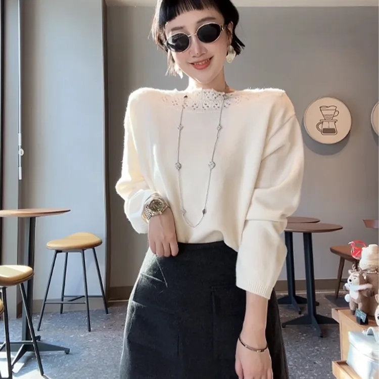 XIAOBAI冬季镂空气质设计感长袖圆领套头针织衫