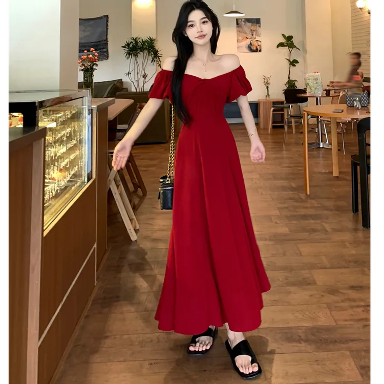 大码女夏季新款红色连衣裙法式设计感收腰扭结大V领A字长裙