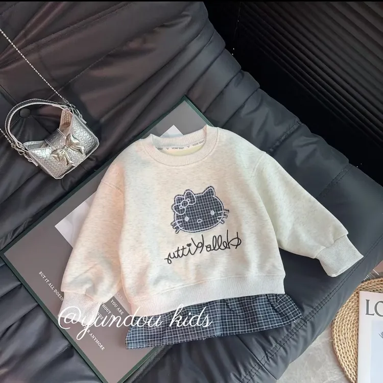 【加绒】女童加绒卫衣刺绣小猫假两件格子边亲萌鱼-1301