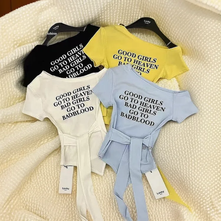 2025夏季韩版洋气设计感纯欲斜肩飘带印花短袖T恤女修身显瘦气质.