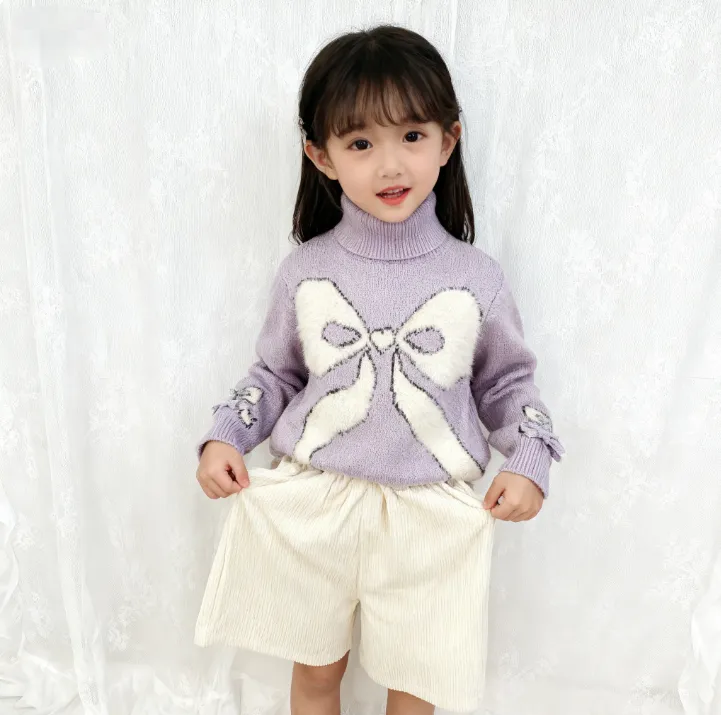 YIYANG童装毛衣紫色女童高领秋冬毛衣大蝴蝶结提花毛衣332儿童