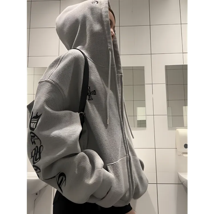 华夫格连帽开衫卫衣男女宽松美式哥特风国潮牌春秋季新款朋克外套