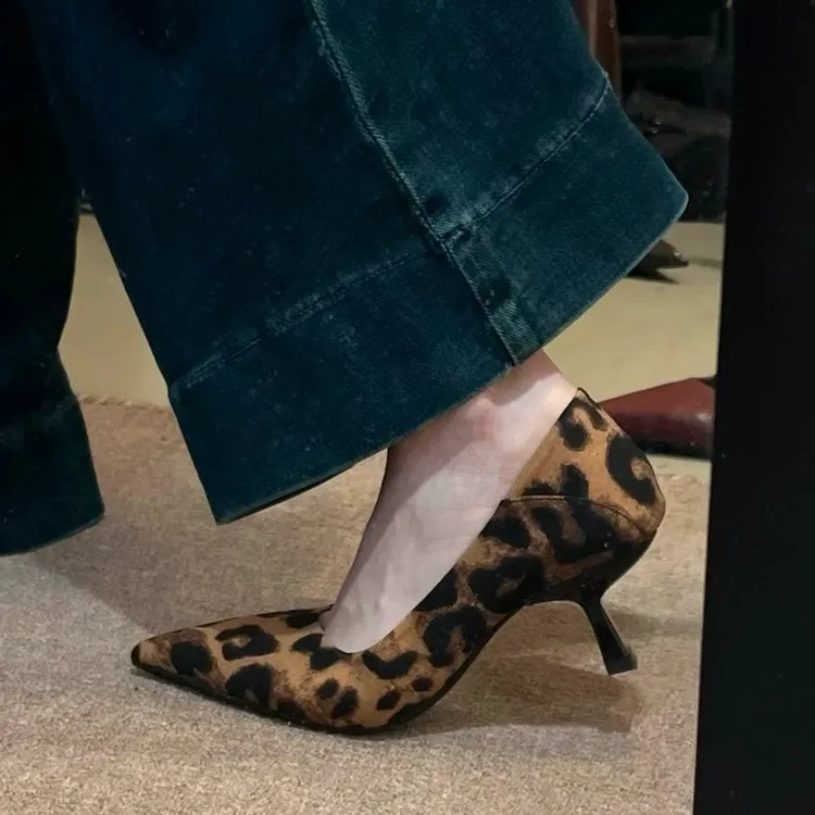 2025春秋新款时尚气质尖头高跟鞋女百搭职业软皮细跟浅口豹纹单鞋