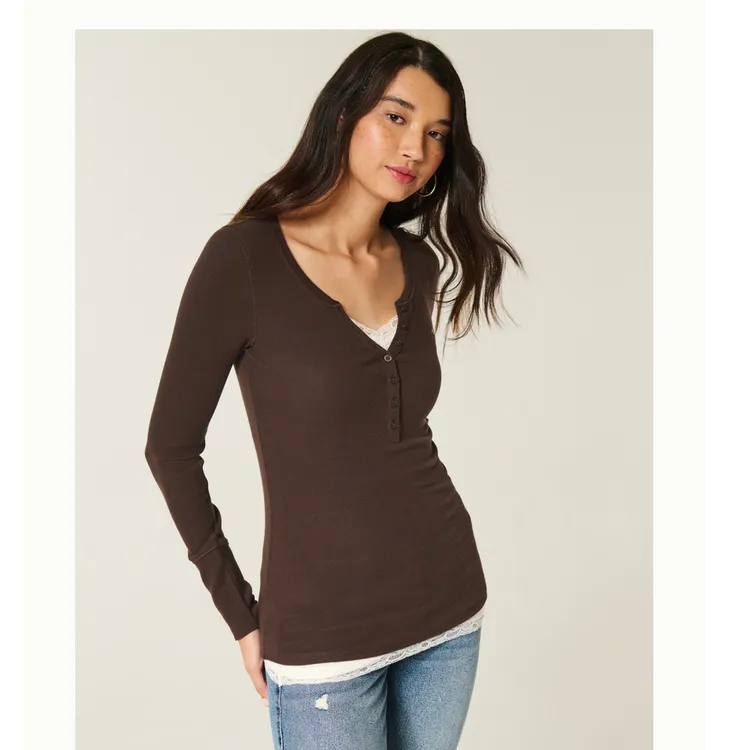 Hollister25秋冬新款撞色修身亨利领长袖T恤女装339-5257