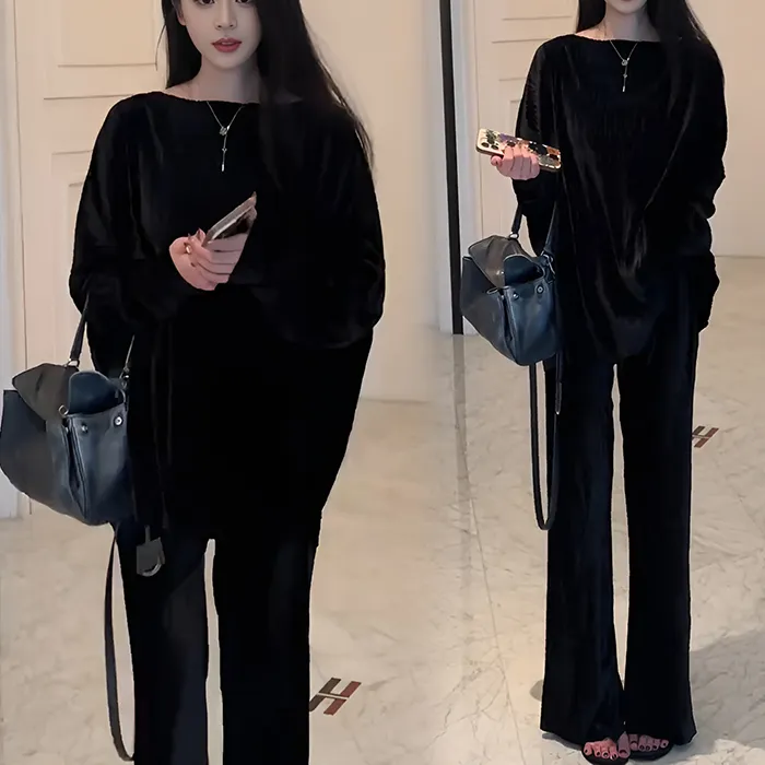 法式高级感黑色长袖套装女2025秋冬季新款气质显瘦下摆时尚两件套