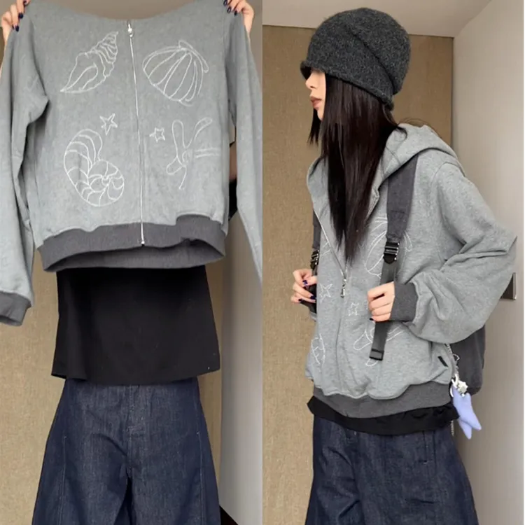 美式高街高级感宽松卡通刺绣长袖卫衣女春秋学院风休闲开衫外套潮