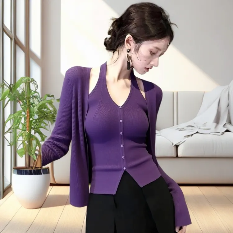 氛围感韩系超漂亮绝美气质高级感紫色针织开衫背心两件套装女秋季