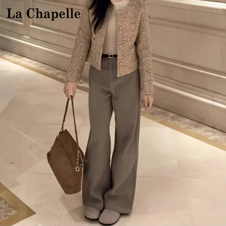 拉夏贝尔卡其色高腰牛仔裤显瘦穿搭小个子女装宽松直筒拖地阔腿裤