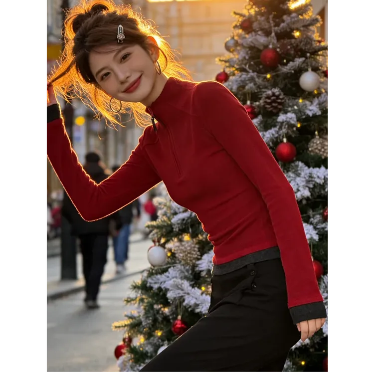 双面德绒半拉链立领长袖T恤女秋冬新款百搭洋气打底衫红色保暖衣