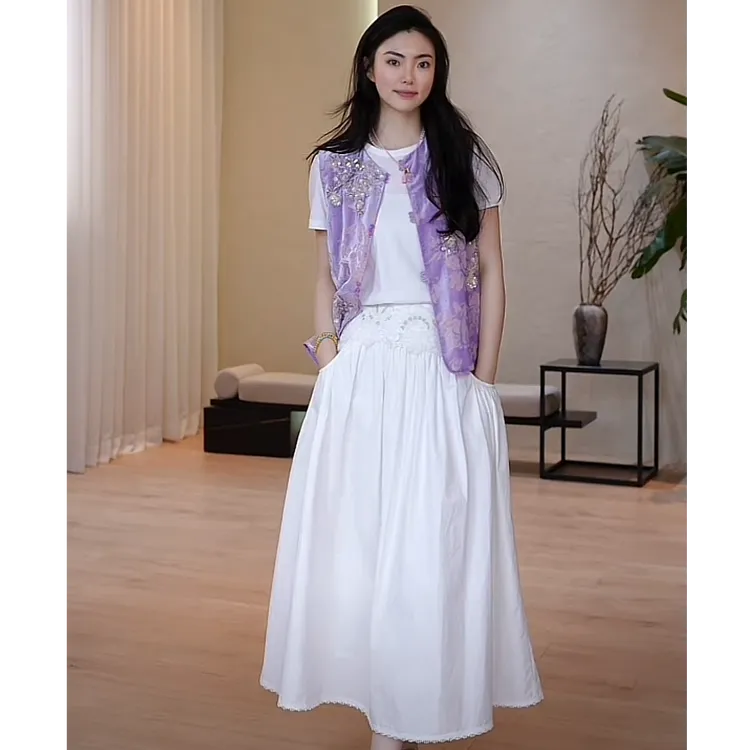 PM王囡囡 白色拼花边蕾丝松紧腰半身裙 ND1A0293