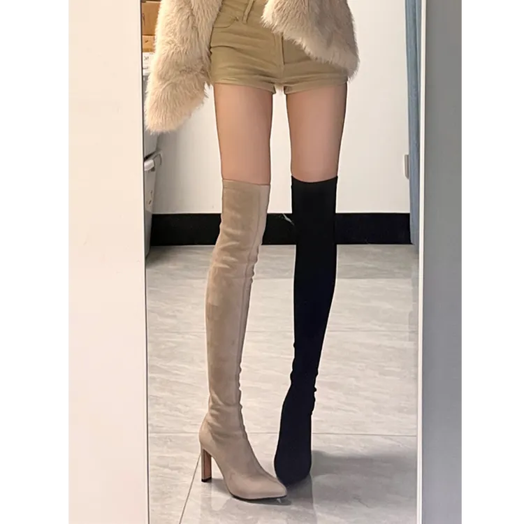 高跟过膝长筒靴女尖头绒面弹力靴2025秋冬新款不掉筒显腿长高筒靴