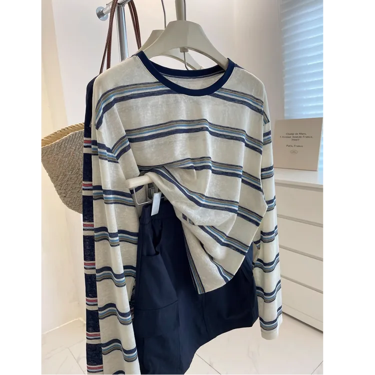 韩系条纹长袖防晒罩衫女夏季外搭宽松慵懒风薄款T恤上衣