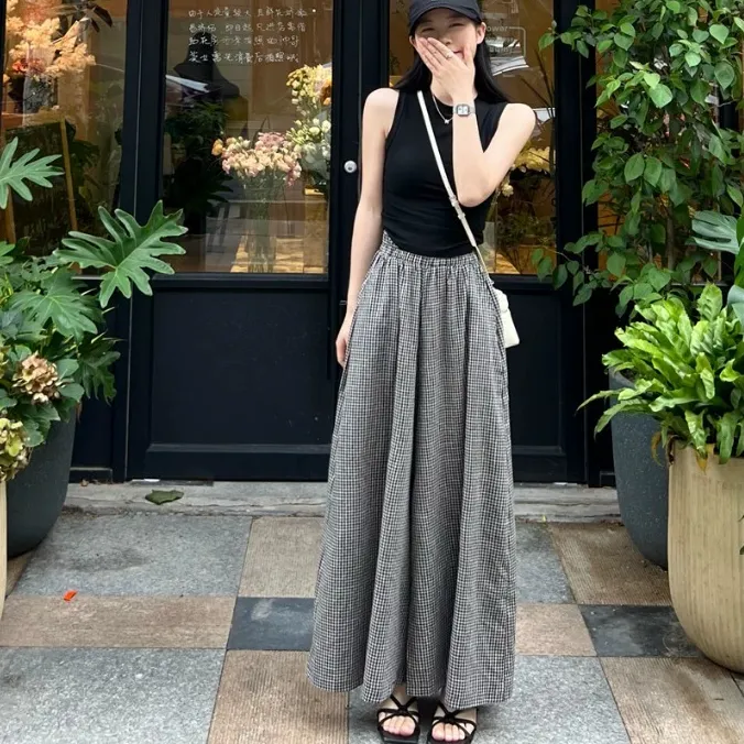 2025春夏秋季复古大码宽松格子休闲阔腿裤松紧腰遮大腿裙裤女长裤