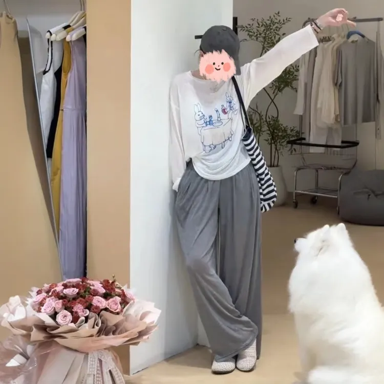 韩版印花卡通长袖圆领薄款防晒罩衫女减龄上衣+休闲阔腿裤两件套