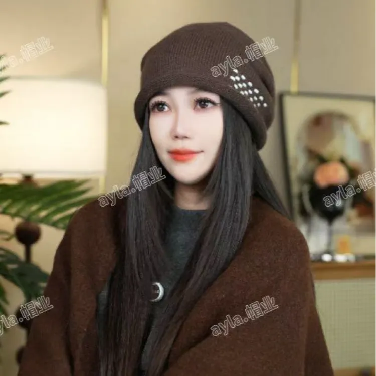 AYLA.2025年针织俏皮雨点标抽绳堆堆帽女秋冬加厚保暖休闲包头帽