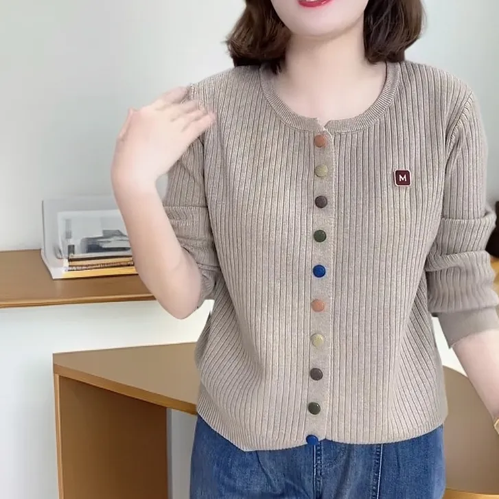新款气质彩扣针织开衫圆领宽松时尚休闲毛衣外套秋冬女上衣显瘦潮