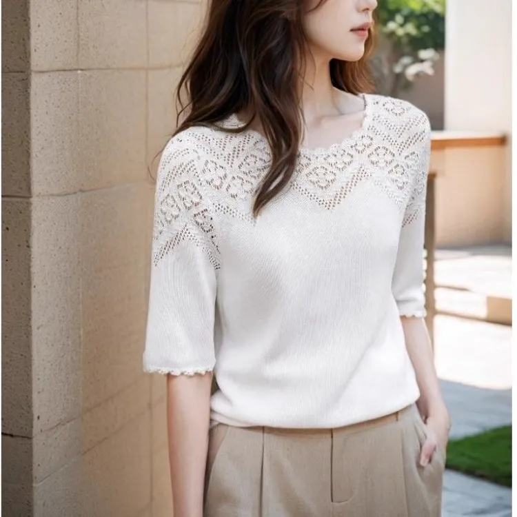 新款纯色中袖镂空设计感中袖圆领套头针织衫上衣百搭气质时尚简约