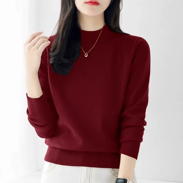 2025秋冬季新款酒红色加厚款长袖针织衫半高领毛衣宽松打底上衣女