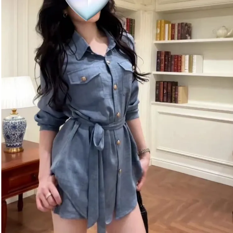 一整套ootd穿搭套装女2025秋时尚老钱风蓝色长袖衬衫+短裤两件套