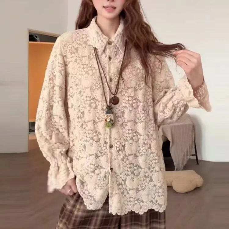 2025秋季新款小众时尚百搭宽松显瘦蕾丝镂空长袖衬衫内搭上衣女