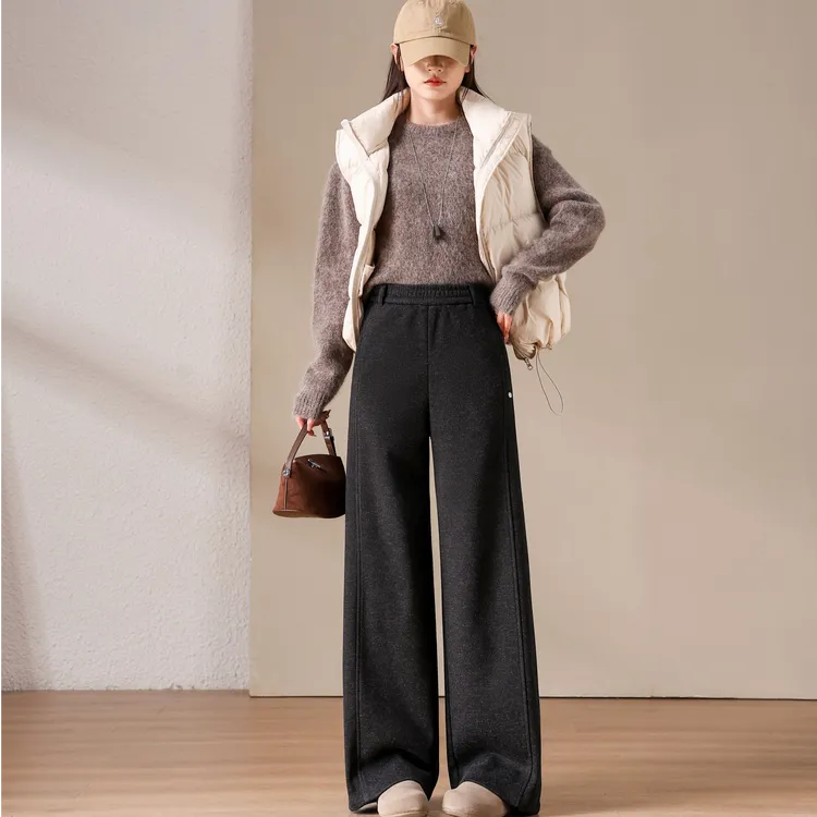 燕苹新冬款加宽弹力高腰收腹遮跨仿毛呢加绒厚款保暖直筒裤K6113