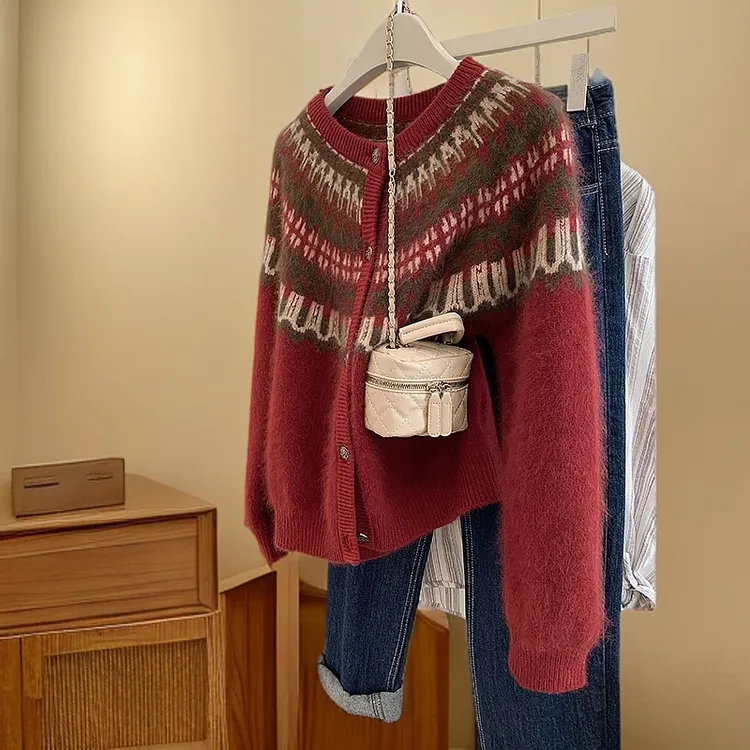 红色费尔岛设计感过年毛衣外套女2025秋冬新年加厚高级感针织开衫