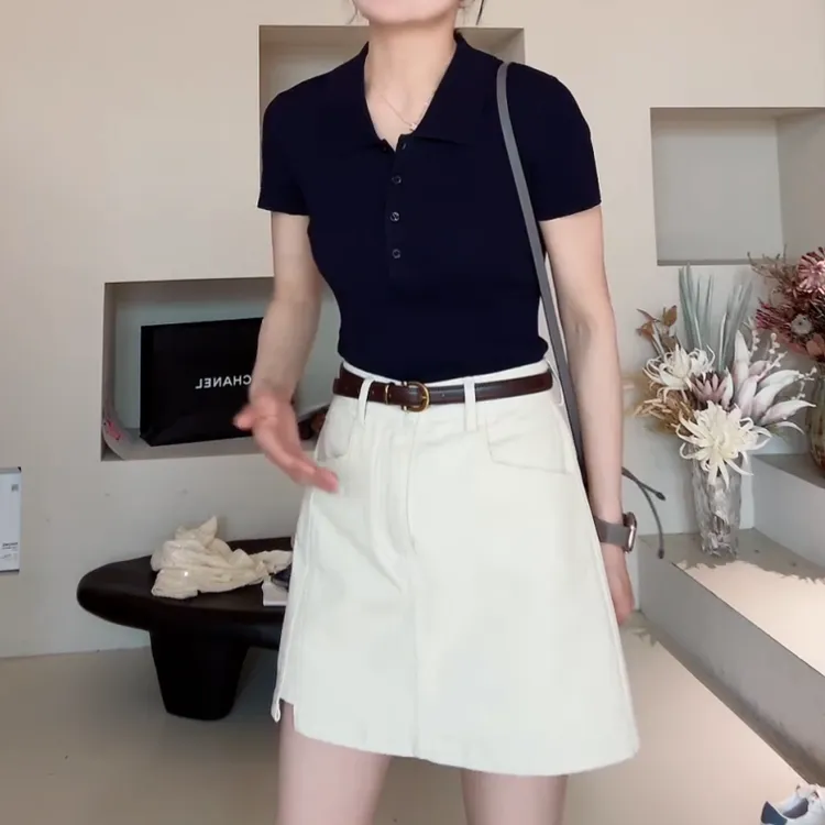 2025春季新款气质Polo针织上衣+百搭显瘦牛仔短裙LK2503020
