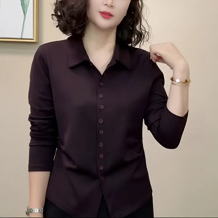 2025新套头6扣眼秋装简约纯色收腰衬衫扣女气质百搭打底上衣衬衣