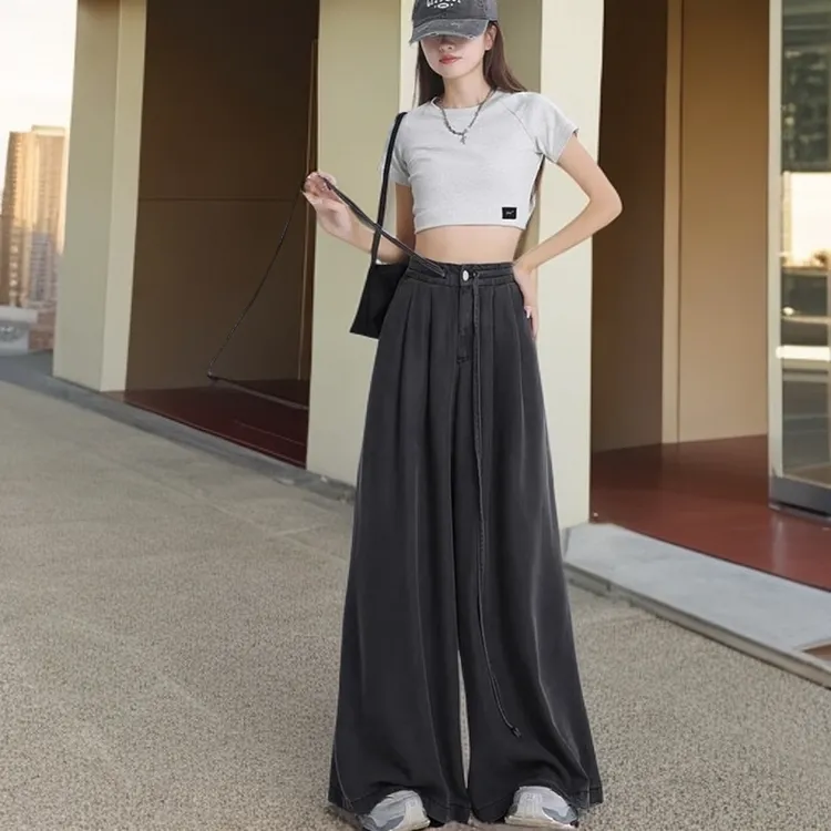 夏季女裤子胖mm显瘦款冰爽垂感阔腿裤天丝阔腿牛仔裤女士薄款冰丝