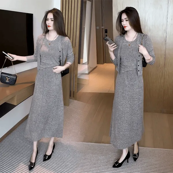 连衣裙套装女2025秋季新款今年流行洋气开衫内搭显瘦半身裙三件套