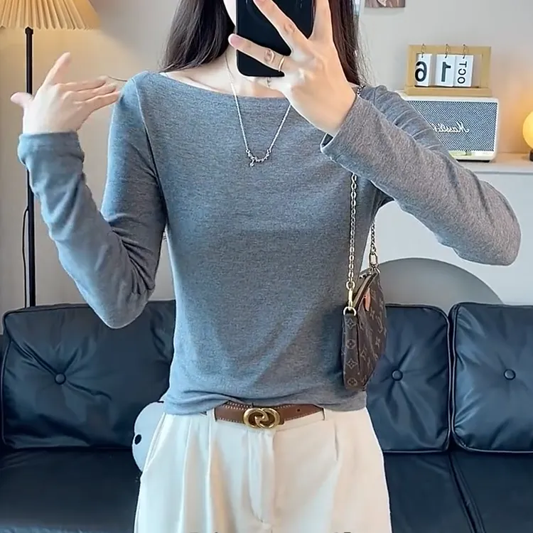 暗灰色一字肩长袖t恤女春秋冬修身打底衫百搭显瘦露肩上衣潮