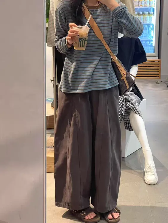日系阔腿休闲裤女秋季新款胖妹妹大码梨形身材高腰遮胯九分气球裤