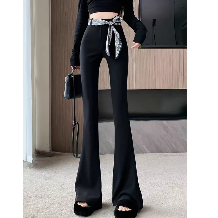 2502正版丝巾马蹄西装裤女秋季绑带高腰微喇裤修身垂感拖地长裤