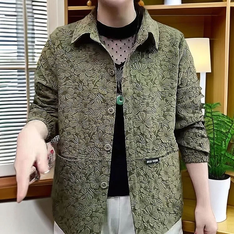 春季翻领提花女短外套春秋季休闲上衣时尚妈妈装百搭薄款衬衫外套