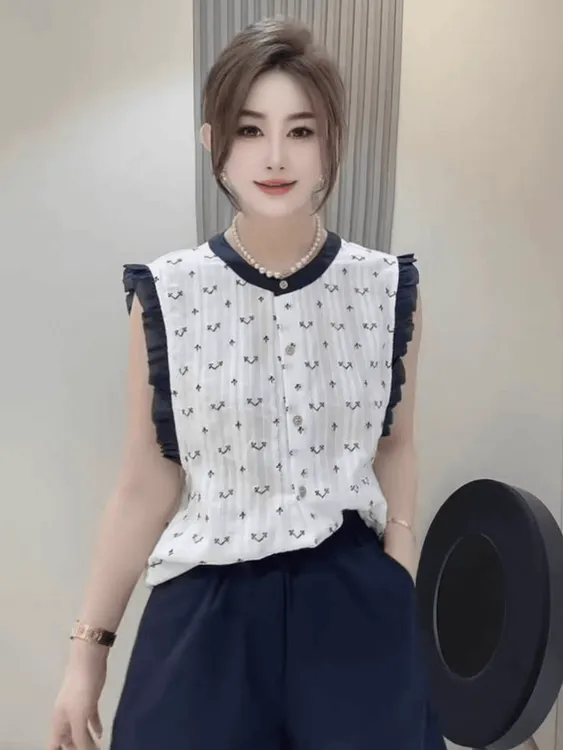 韩系高级感纯棉圆领木耳边无袖衬衫T恤女夏季甜美减龄设计感背心